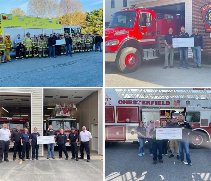 Four photos of SERVPRO representative hand delivering large proceed check to local fire departments and their personnel.