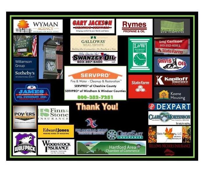logos from various businesses with black background and green frame, the words Thank You in orange in the middle