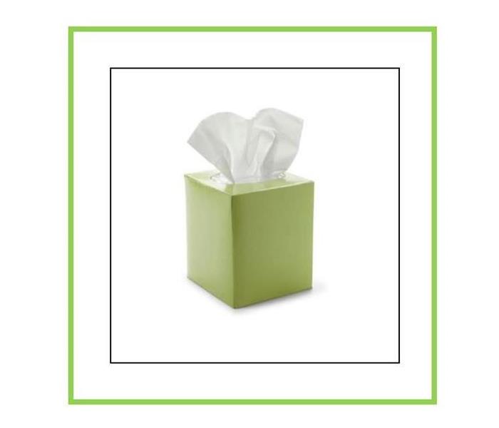 picture of green tissue box with a tissue sticking out of the top. Black frame and green frame around tissue box.