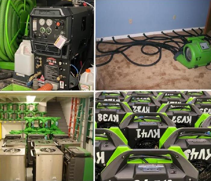 Collage of photos containing different equipment used for water damage mitigation