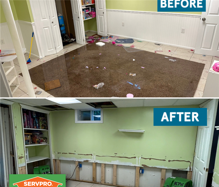 Before and after photo of a flooded basement.